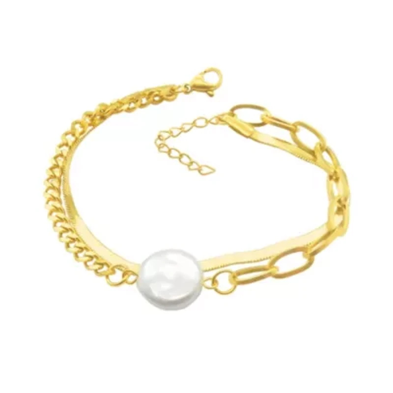 Tarnish Resistant 14k Gold Plated Mixed Chain Pearl Bracelet