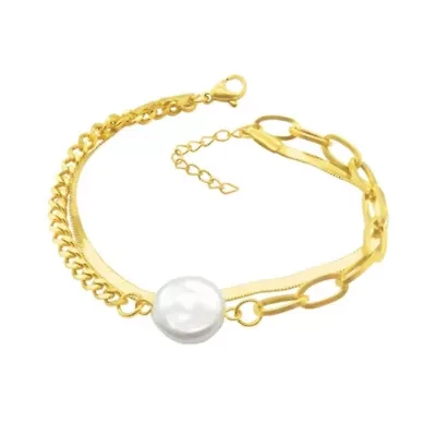 Tarnish Resistant 14k Gold Plated Mixed Chain Pearl Bracelet