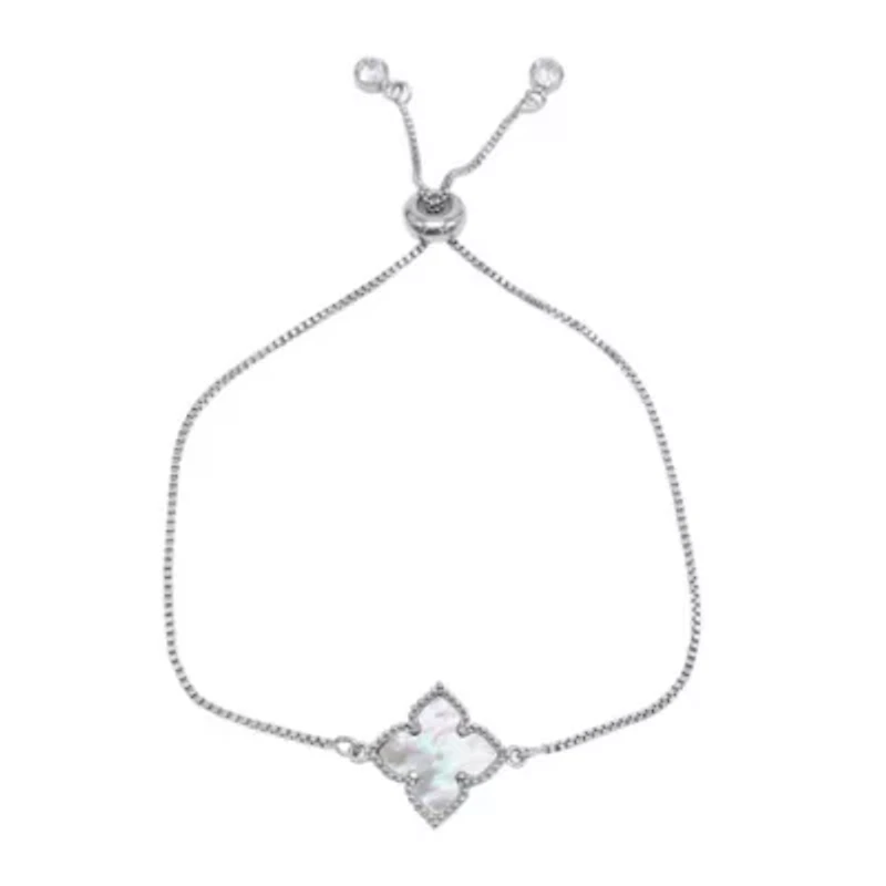 Rhodium Plated White Mother of Pearl Flower Adjustable Bolo Bracelet