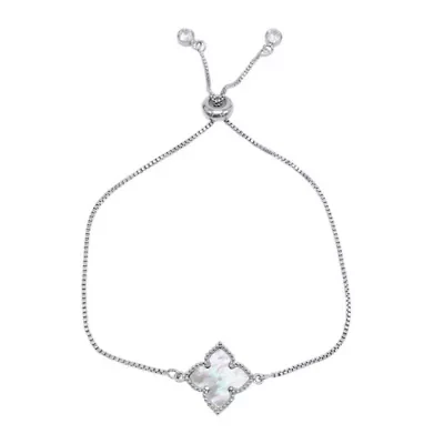 Rhodium Plated White Mother of Pearl Flower Adjustable Bolo Bracelet