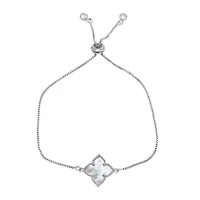 Rhodium Plated White Mother of Pearl Flower Adjustable Bolo Bracelet