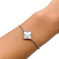 Rhodium Plated White Mother of Pearl Flower Adjustable Bolo Bracelet