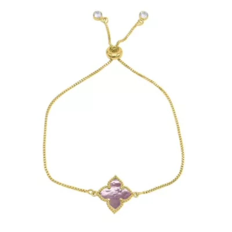 14k Gold Plated Pink Mother of Pearl Flower Adjustable Bolo Bracelet