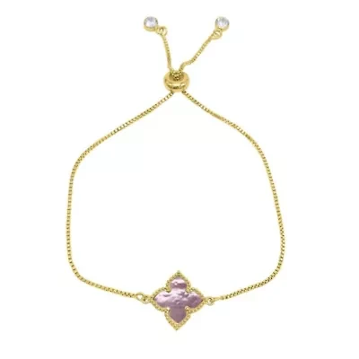14k Gold Plated Pink Mother of Pearl Flower Adjustable Bolo Bracelet