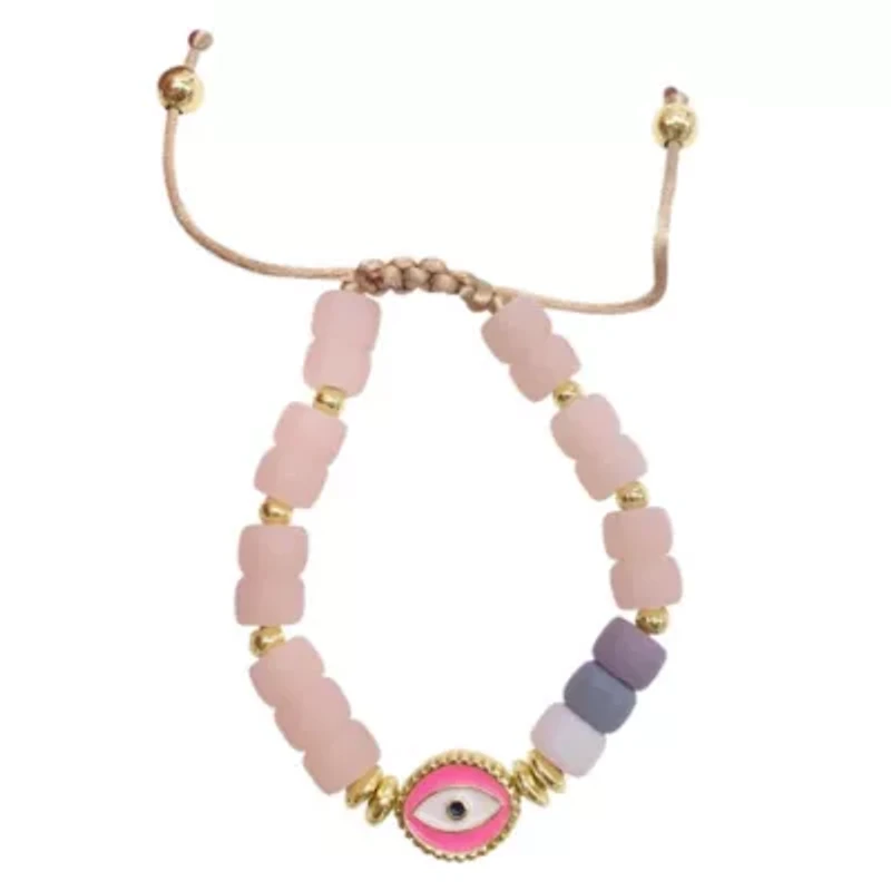 Pink Evil Eye Enamel Beaded Bolo Bracelet
