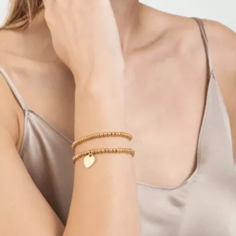 Tarnish Resistant 14k Gold Plated Set of Ball Bracelets with Heart