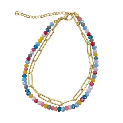 14k Gold Plated Multi Color Bead and Paper Clip Chain Double Bracelet
