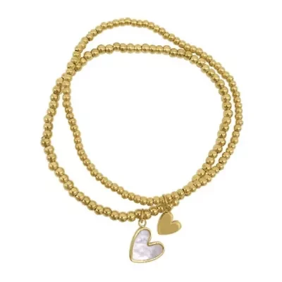 Tarnish Resistant 14k Gold Plated Set of Heart Ball Bracelets with Mother of Pearl