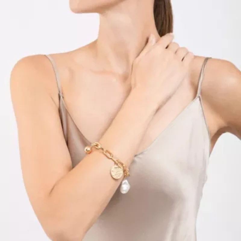 14k Gold Plated Pearl and Charm Link Bracelet with Oversized Lock