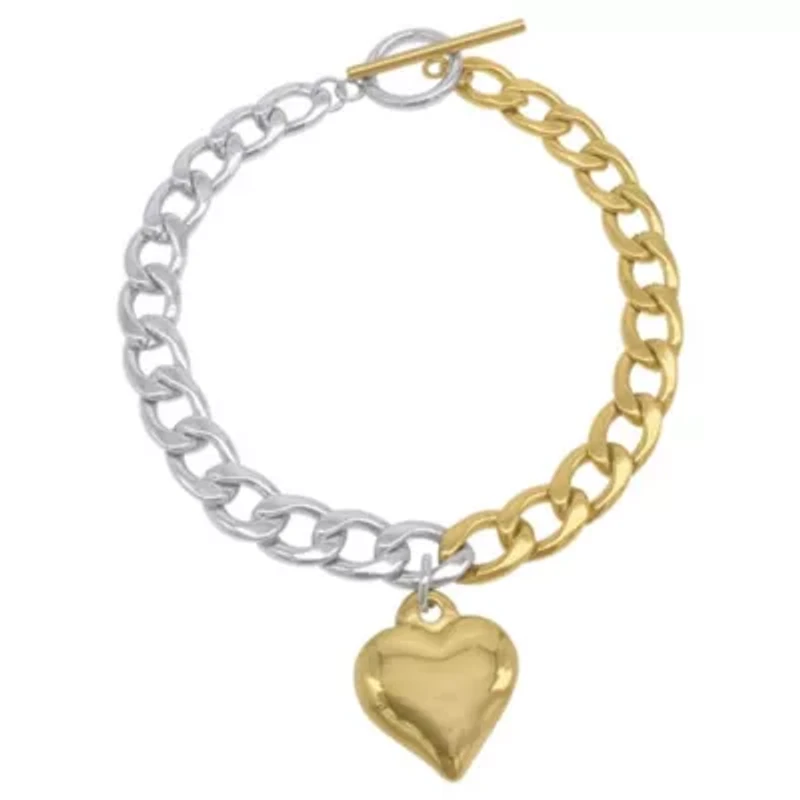 Tarnish Resistant Mixed Metal Heart Chain Toggle Bracelet