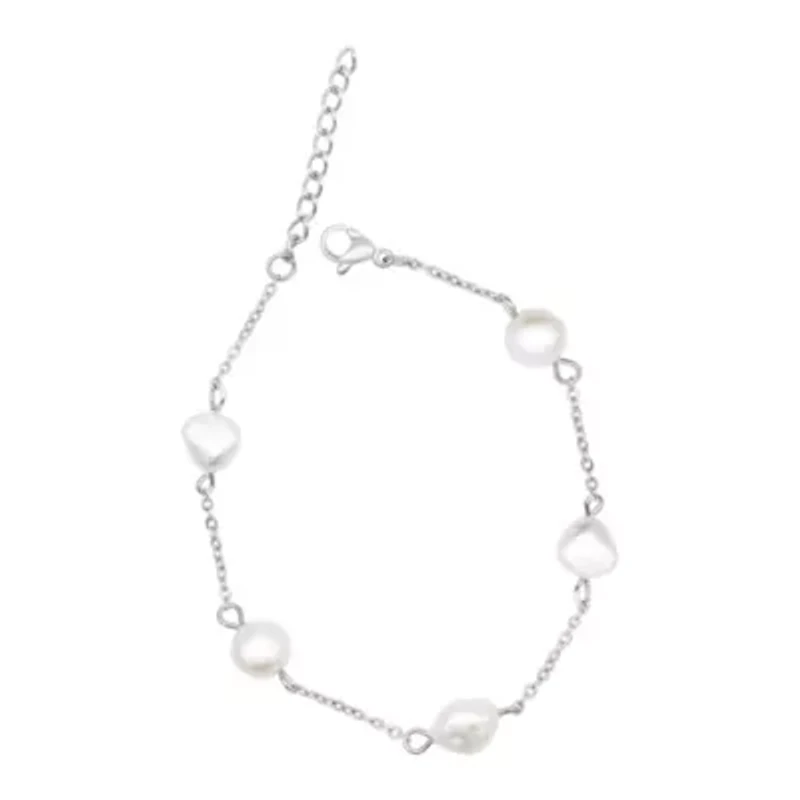 Tarnish Resistant Rhodium Plated Adjustable Station Freshwater Pearl Bracelet