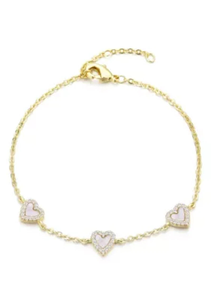 14k Gold Plated Mother of Pearl Mini Halo CZ Heart Bracelet