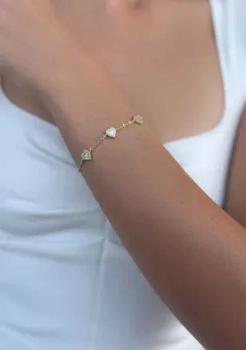 14k Gold Plated Mother of Pearl Mini Halo CZ Heart Bracelet