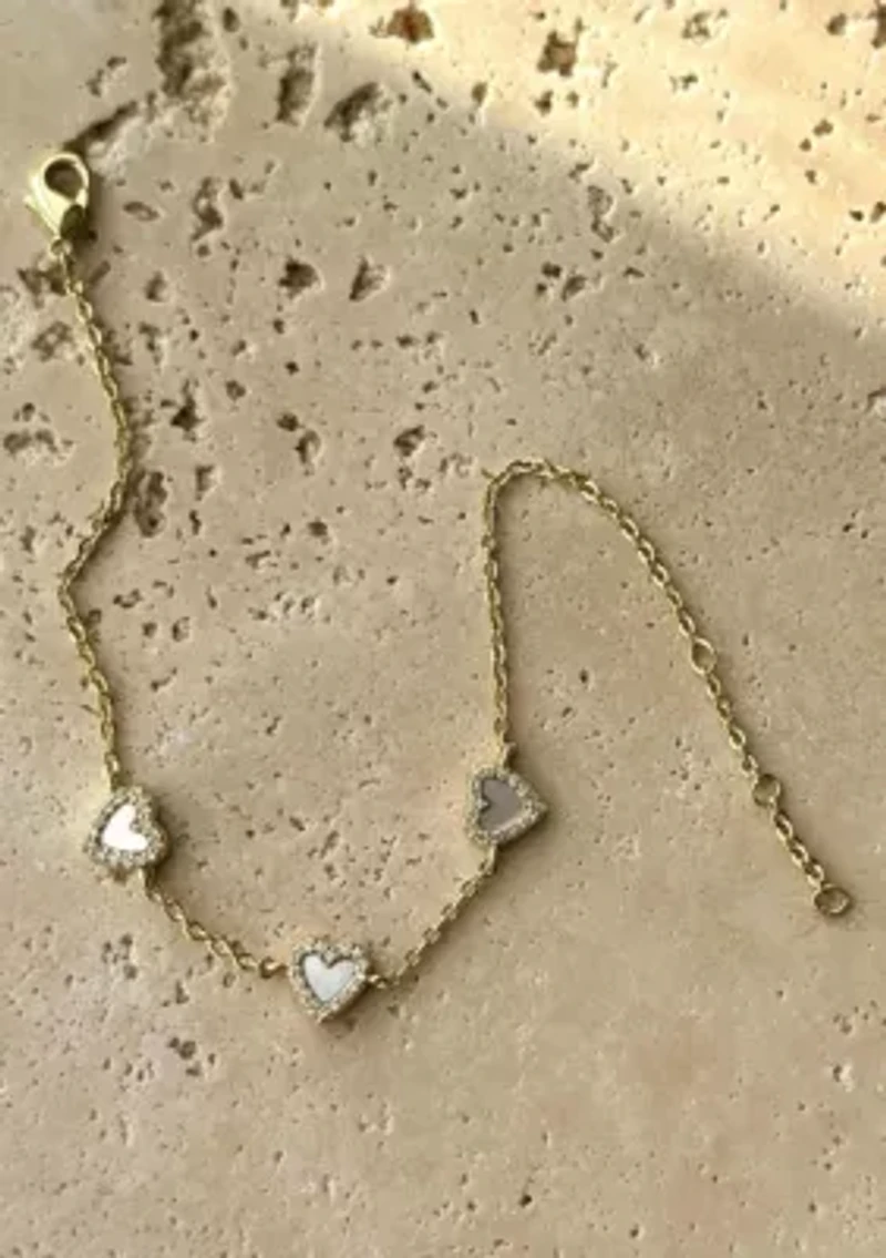 14k Gold Plated Mother of Pearl Mini Halo CZ Heart Bracelet