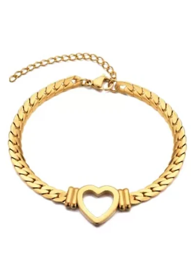 Tarnish Resistant 18k Gold Plated Flat Curb Chain Heart Bracelet