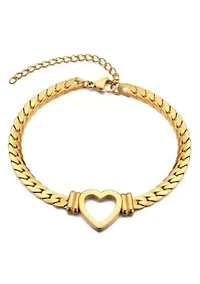 Tarnish Resistant 18k Gold Plated Flat Curb Chain Heart Bracelet