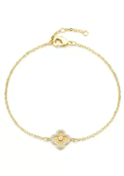 14k Gold Plated Button Clover CZ Halo Bracelet