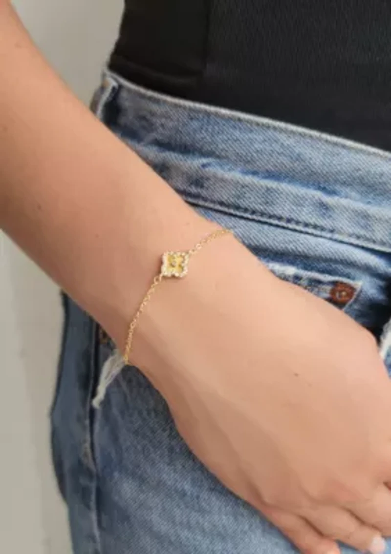 14k Gold Plated Button Clover CZ Halo Bracelet
