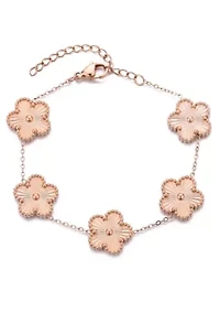 Tarnish Resistant 14k Rose Gold Plated 5-Leaf Clover Station Braceet