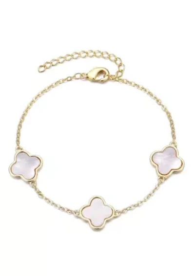 14k Yellow Gold Plated White Mother of Pearl Clover Station Bracelet
