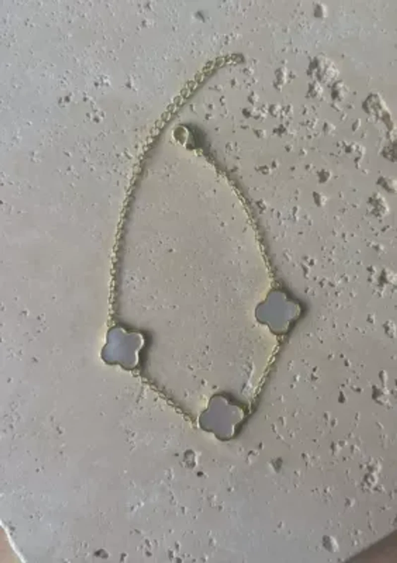 14k Yellow Gold Plated White Mother of Pearl Clover Station Bracelet