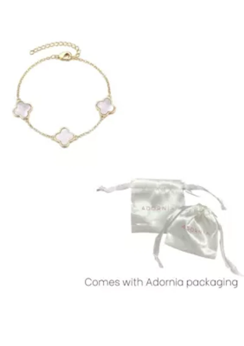 14k Yellow Gold Plated White Mother of Pearl Clover Station Bracelet