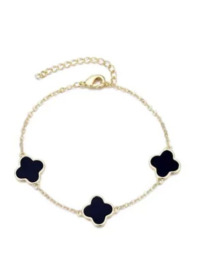 14k Yellow Gold Plated Black Clover Station Bracelet