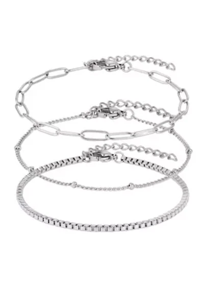 Tarnish Resistant Silver 3-Chain Bracelet Set