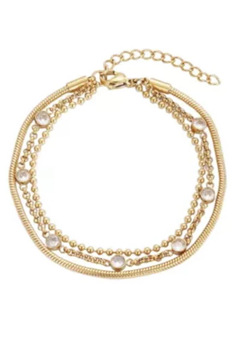 Tarnish Resistant 18k Gold Plated Layered Crystal 3-Chain Bracelet