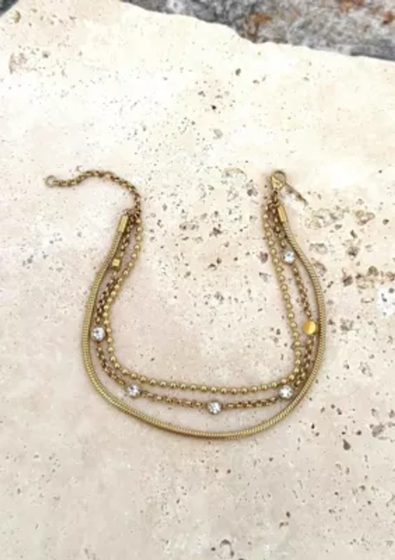 Tarnish Resistant 18k Gold Plated Layered Crystal 3-Chain Bracelet