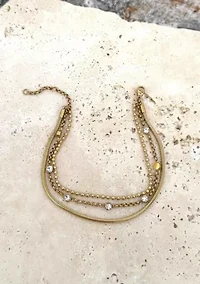 Tarnish Resistant 18k Gold Plated Layered Crystal 3-Chain Bracelet