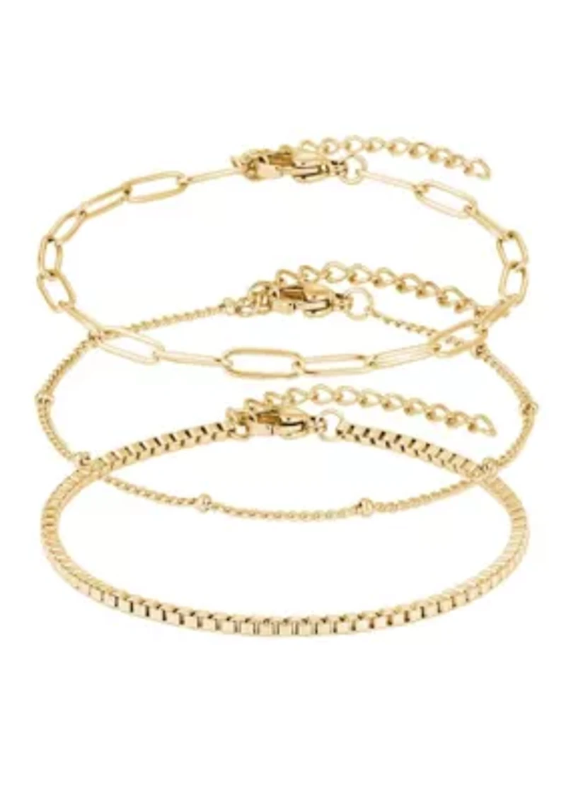 Tarnish Resistant 18k Gold Plated 3-Chain Bracelet Set