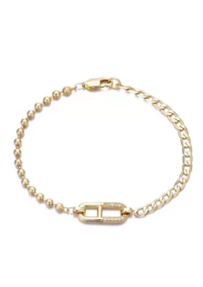 14k Gold Plated Mixed Chain CZ Sideways Pendant Bracelet
