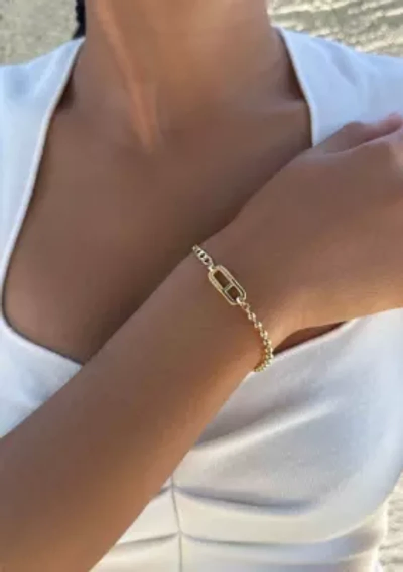 14k Gold Plated Mixed Chain CZ Sideways Pendant Bracelet