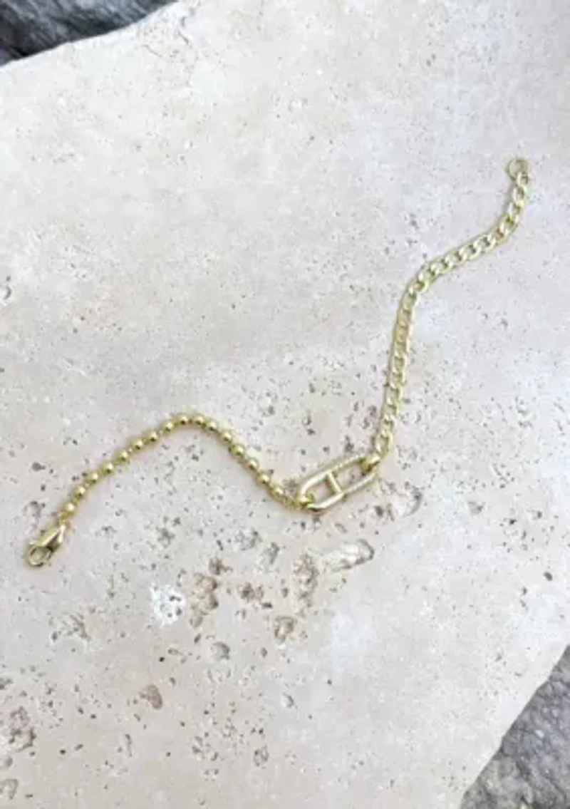 14k Gold Plated Mixed Chain CZ Sideways Pendant Bracelet