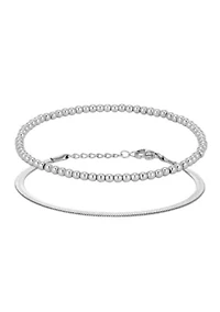 Tarnish Resistant Silver Herringbone and Beaded Bracelet Set