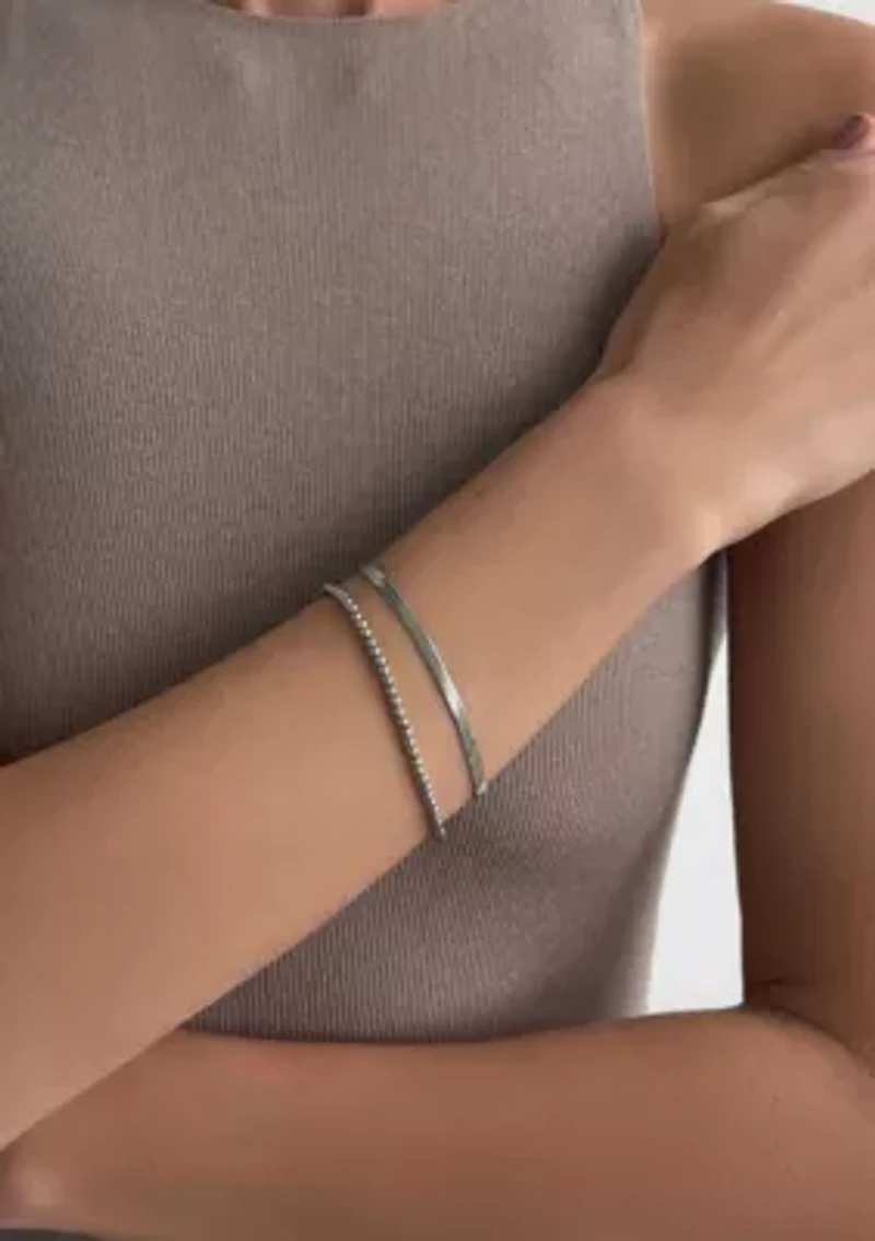 Tarnish Resistant Silver Herringbone and Beaded Bracelet Set