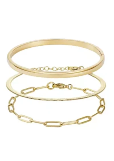 Tarnish Resistant 18k Gold Plated Cuff, Paperclip, and Herringbone Chain Bracelet Set