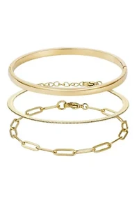 Tarnish Resistant 18k Gold Plated Cuff, Paperclip, and Herringbone Chain Bracelet Set