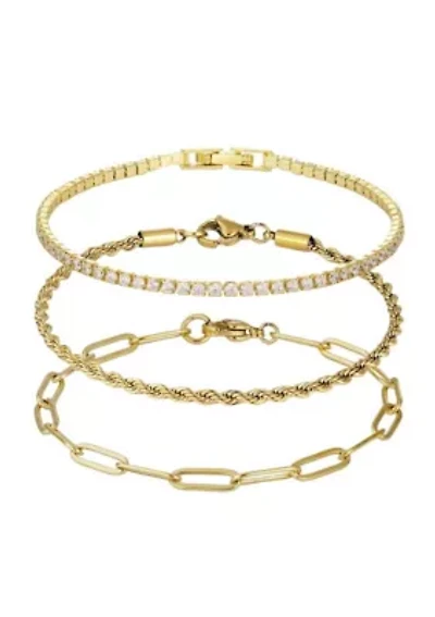 18k Gold Plated Paperclip, Rope, and Tennis Bracelet Set