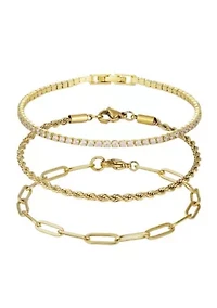 18k Gold Plated Paperclip, Rope, and Tennis Bracelet Set