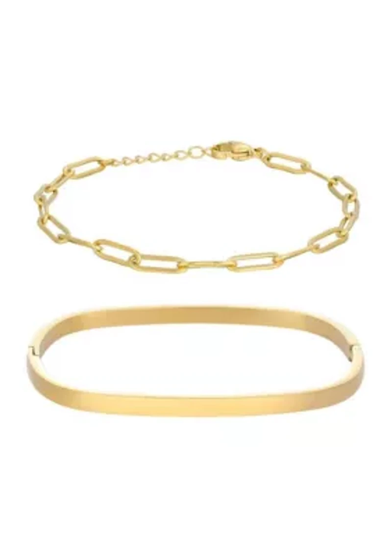 Tarnish Resistant 18k Gold Plated Rectangular Cuff and Paper Clip Chain Bracelet Set
