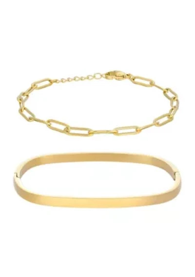 Tarnish Resistant 18k Gold Plated Rectangular Cuff and Paper Clip Chain Bracelet Set