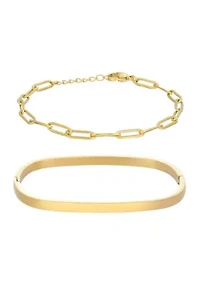 Tarnish Resistant 18k Gold Plated Rectangular Cuff and Paper Clip Chain Bracelet Set