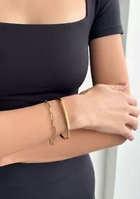Tarnish Resistant 18k Gold Plated Rectangular Cuff and Paper Clip Chain Bracelet Set