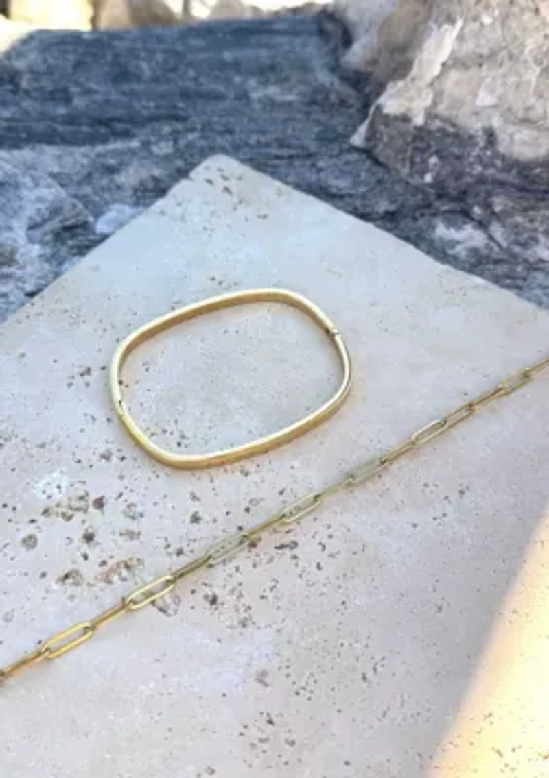 Tarnish Resistant 18k Gold Plated Rectangular Cuff and Paper Clip Chain Bracelet Set