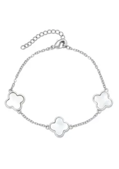 Silver Plated White Mother of Pearl Clover Station Bracelet