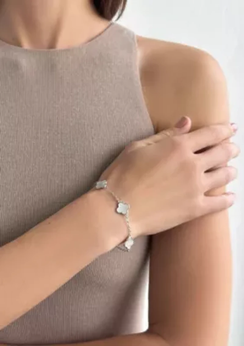 Silver Plated White Mother of Pearl Clover Station Bracelet
