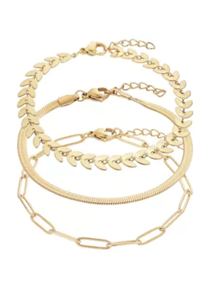 Tarnish Resistant 18k Gold Plated Set of Three Adjustable Chain Bracelets