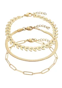 Tarnish Resistant 18k Gold Plated Set of Three Adjustable Chain Bracelets